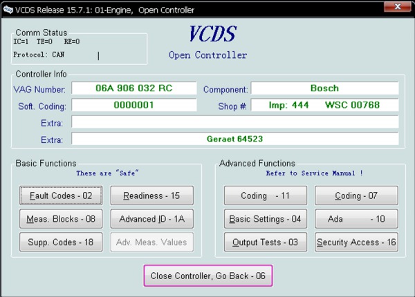 Exposição 3 do software de VAGCOM V15.7.1