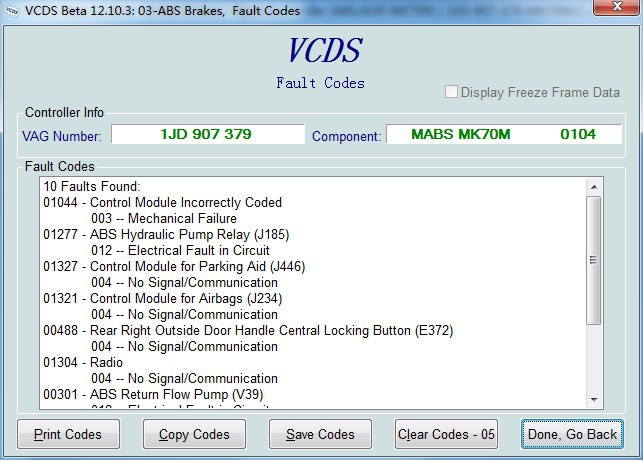 códigos de falha dos freios do ABS de COM VCDS do VAG beta 12.10.3